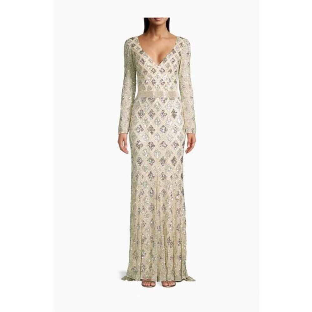 Mac Duggal Womens 5021 Geometric Embellished Evening Gown Silver Size 12